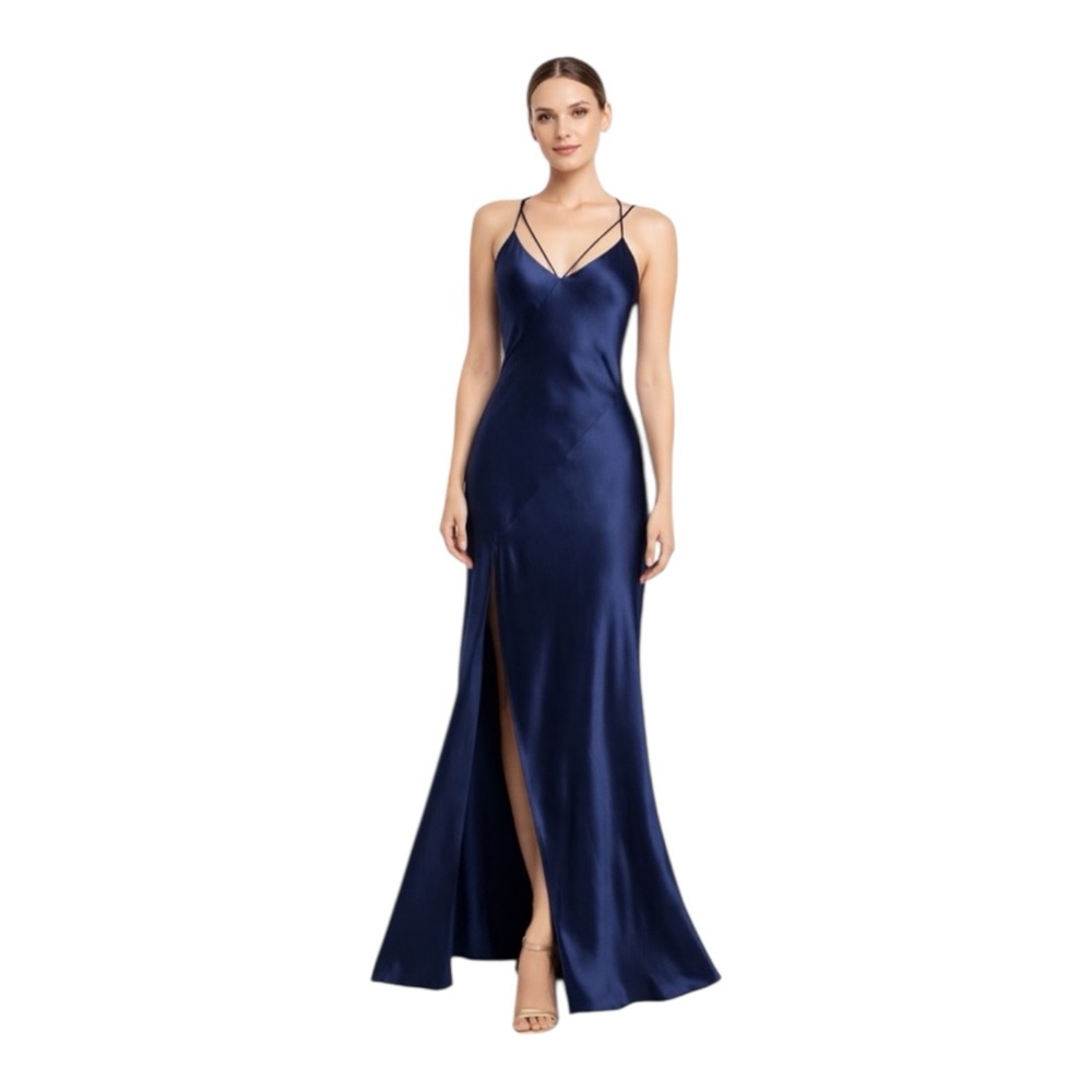 House of Harlow 1930 Navy Satin Slip Dress Open Back Formal Maxi Gown
